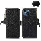 For iPhone 15 Plus Ostrich Pattern Genuine Leather RFID Phone Case(Black) - 1