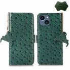 For iPhone 15 Plus Ostrich Pattern Genuine Leather RFID Phone Case(Green) - 1