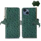 For iPhone 15 Ostrich Pattern Genuine Leather RFID Phone Case(Green) - 1