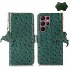 For Samsung Galaxy S22 Ultra 5G Ostrich Pattern Genuine Leather RFID Phone Case(Green) - 1