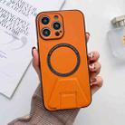 For iPhone 14 Plus MagSafe Magnetic Holder Leather Fine Hole Phone Case(Orange) - 1