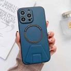 For iPhone 14 Plus MagSafe Magnetic Holder Leather Fine Hole Phone Case(Blue) - 1