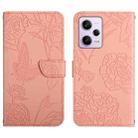 For Xiaomi Redmi Note 12 Pro 5G China HT03 Skin Feel Butterfly Embossed Flip Leather Phone Case(Pink) - 1