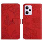 For Xiaomi Redmi Note 12 Pro 5G China HT03 Skin Feel Butterfly Embossed Flip Leather Phone Case(Red) - 1