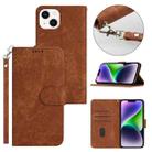 For iPhone 14 Dual-Fold Stripe Texture Buckle Leather Phone Case(Brown) - 1