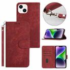 For iPhone 14 Dual-Fold Stripe Texture Buckle Leather Phone Case(Red) - 1