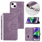 For iPhone 14 Plus Dual-Fold Stripe Texture Buckle Leather Phone Case(Purple) - 1