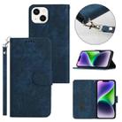 For iPhone 14 Plus Dual-Fold Stripe Texture Buckle Leather Phone Case(Blue) - 1