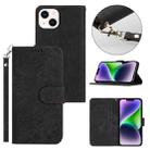 For iPhone 14 Plus Dual-Fold Stripe Texture Buckle Leather Phone Case(Black) - 1