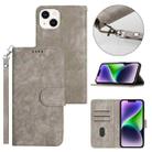 For iPhone 14 Plus Dual-Fold Stripe Texture Buckle Leather Phone Case(Grey) - 1