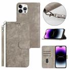 For iPhone 14 Pro Dual-Fold Stripe Texture Buckle Leather Phone Case(Grey) - 1