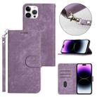 For iPhone 14 Pro Max Dual-Fold Stripe Texture Buckle Leather Phone Case(Purple) - 1