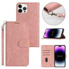 For iPhone 14 Pro Max Dual-Fold Stripe Texture Buckle Leather Phone Case(Pink) - 1