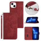 For iPhone 13 Dual-Fold Stripe Texture Buckle Leather Phone Case(Red) - 1