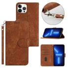 For iPhone 13 Pro Dual-Fold Stripe Texture Buckle Leather Phone Case(Brown) - 1