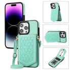 For iPhone 14 Pro Max Rhombic Texture RFID Phone Case with Lanyard & Mirror(Mint Green) - 1