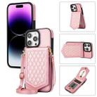 For iPhone 14 Pro Max Rhombic Texture RFID Phone Case with Lanyard & Mirror(Rose Gold) - 1