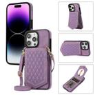 For iPhone 14 Pro Max Rhombic Texture RFID Phone Case with Lanyard & Mirror(Purple) - 1