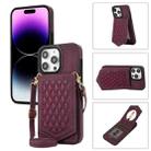 For iPhone 14 Pro Max Rhombic Texture RFID Phone Case with Lanyard & Mirror(Wine Red) - 1