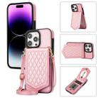 For iPhone 14 Pro Rhombic Texture RFID Phone Case with Lanyard & Mirror(Rose Gold) - 1