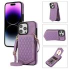 For iPhone 14 Pro Rhombic Texture RFID Phone Case with Lanyard & Mirror(Purple) - 1