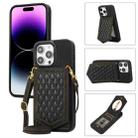 For iPhone 14 Pro Rhombic Texture RFID Phone Case with Lanyard & Mirror(Black) - 1