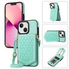 For iPhone 14 Plus Rhombic Texture RFID Phone Case with Lanyard & Mirror(Mint Green) - 1