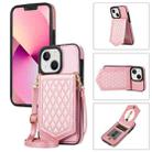 For iPhone 14 Plus Rhombic Texture RFID Phone Case with Lanyard & Mirror(Rose Gold) - 1