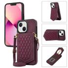 For iPhone 14 Plus Rhombic Texture RFID Phone Case with Lanyard & Mirror(Wine Red) - 1