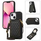 For iPhone 14 Plus Rhombic Texture RFID Phone Case with Lanyard & Mirror(Black) - 1