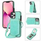 For iPhone 13 Pro Max Rhombic Texture RFID Phone Case with Lanyard & Mirror(Mint Green) - 1