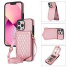 For iPhone 13 Pro Max Rhombic Texture RFID Phone Case with Lanyard & Mirror(Rose Gold) - 1