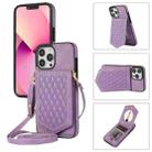 For iPhone 13 Pro Rhombic Texture RFID Phone Case with Lanyard & Mirror(Purple) - 1