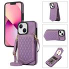 For iPhone 13 Rhombic Texture RFID Phone Case with Lanyard & Mirror(Purple) - 1