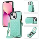 For iPhone 13 mini Rhombic Texture RFID Phone Case with Lanyard & Mirror(Mint Green) - 1