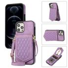 For iPhone 12 Pro Max Rhombic Texture RFID Phone Case with Lanyard & Mirror(Purple) - 1