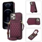 For iPhone 12 Pro Max Rhombic Texture RFID Phone Case with Lanyard & Mirror(Wine Red) - 1