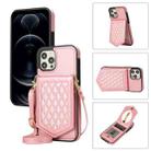 For iPhone 12 / 12 Pro Rhombic Texture RFID Phone Case with Lanyard & Mirror(Rose Gold) - 1