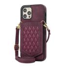 For iPhone 12 / 12 Pro Rhombic Texture RFID Phone Case with Lanyard & Mirror(Wine Red) - 2