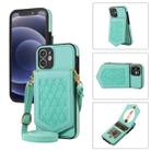 For iPhone 12 mini Rhombic Texture RFID Phone Case with Lanyard & Mirror(Mint Green) - 1