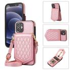 For iPhone 12 mini Rhombic Texture RFID Phone Case with Lanyard & Mirror(Rose Gold) - 1