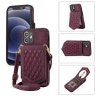 For iPhone 12 mini Rhombic Texture RFID Phone Case with Lanyard & Mirror(Wine Red) - 1