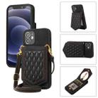 For iPhone 12 mini Rhombic Texture RFID Phone Case with Lanyard & Mirror(Black) - 1