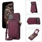 For iPhone 11 Pro Max Rhombic Texture RFID Phone Case with Lanyard & Mirror(Wine Red) - 1