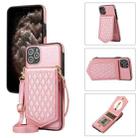 For iPhone 11 Pro Rhombic Texture RFID Phone Case with Lanyard & Mirror(Rose Gold) - 1
