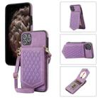 For iPhone 11 Pro Rhombic Texture RFID Phone Case with Lanyard & Mirror(Purple) - 1