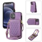 For iPhone 11 Rhombic Texture RFID Phone Case with Lanyard & Mirror(Purple) - 1