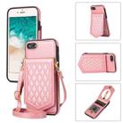 For iPhone SE 2022 / SE 2020 / 8 / 7 Rhombic Texture RFID Phone Case with Lanyard & Mirror(Rose Gold) - 1