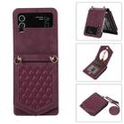 For Samsung Galaxy Z Flip4 5G Rhombic Texture RFID Phone Case with Lanyard & Mirror(Wine Red) - 1