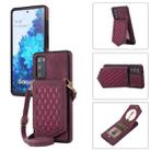 For Samsung Galaxy S20 FE Rhombic Texture RFID Phone Case with Lanyard & Mirror(Wine Red) - 1